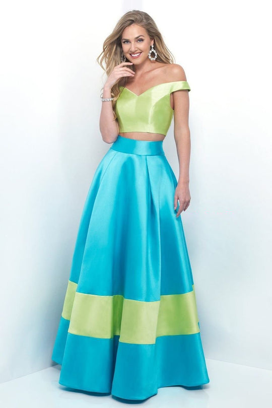 Blush - Vibrant Off-Shoulder Sleek A-Line Gown 5620 in Blue and Green