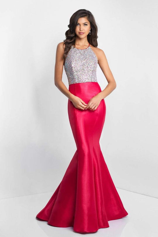 Blush - C1013 Beaded Halter Neck Mermaid Dress In Red