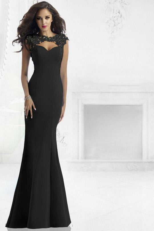 Janique  W975 Cap Sleeves Long Lace and Stretch Crepe Gown in Black