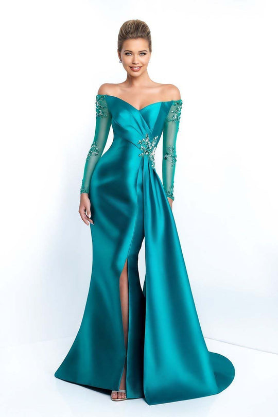 Blush - S2015 Beaded Off-Shoulder Mikado Gown with Sash In Blue and Green