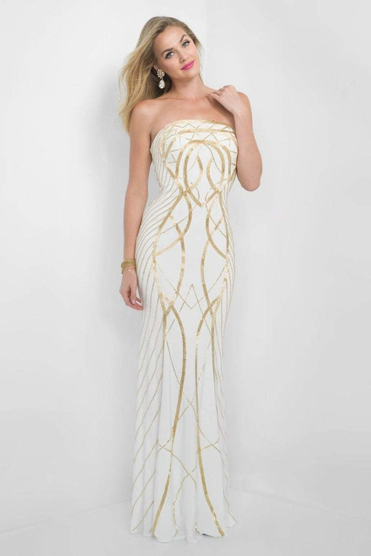 Blush - Gold Printed Strapless Long Dress 7014 in White and Gold