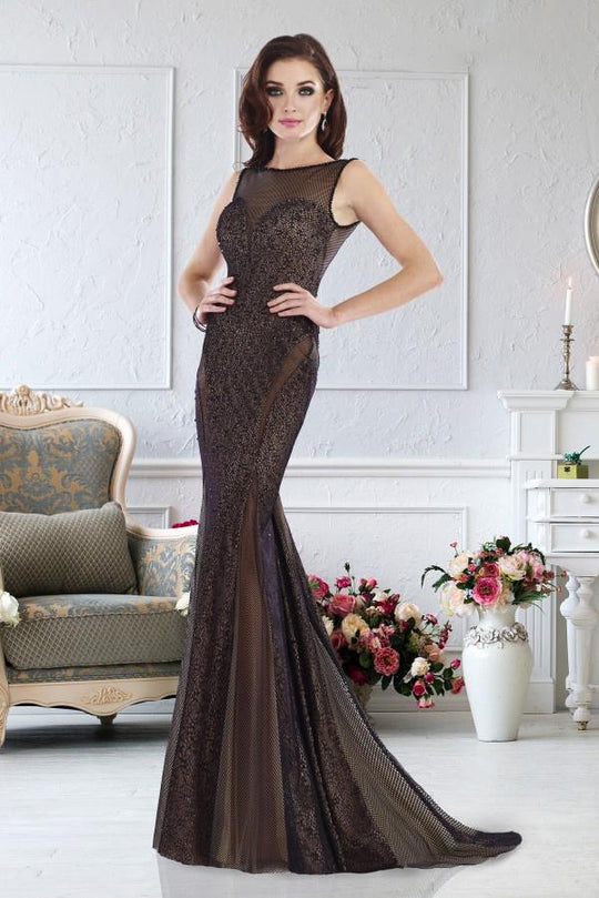 Janique W1365 - Sleeveless Lace Open Back Long Fitted Evening Gown in Black