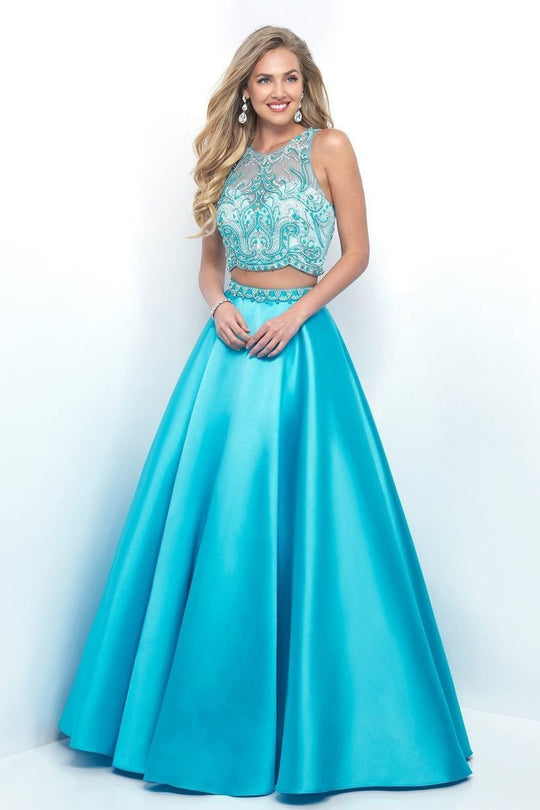 Blush - Petal Trimmed Jewel Illusion A-Line Gown 5619 in Blue
