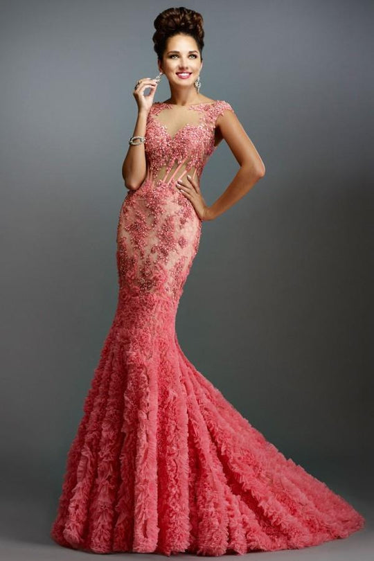 Janique Lace and Tulle Floral Applique Mermaid Gown 1514 In Pink and Orange