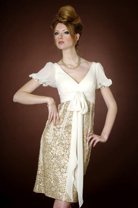 Janique A283 - Puffed Sleeve Sequined Short Dress in Gold