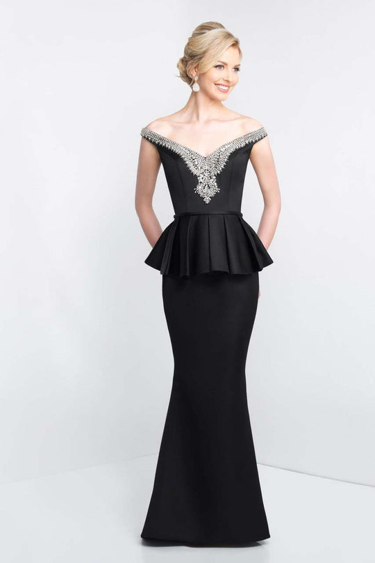 Blush - S2007 Shawl Off-Shoulder Crystal Ornate Sheath Gown In Black