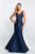 Blush - 11551 V-Neck Gold Corded Lace Mikado Mermaid Gown In Black and Blue