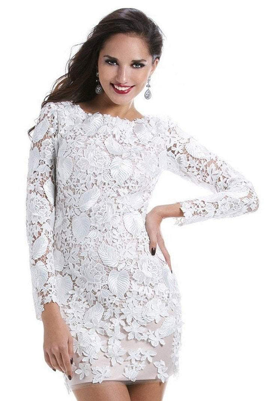 Janique W040 - Long Sleeved Bateau Neckline Floral Lace Cocktail Dress in White