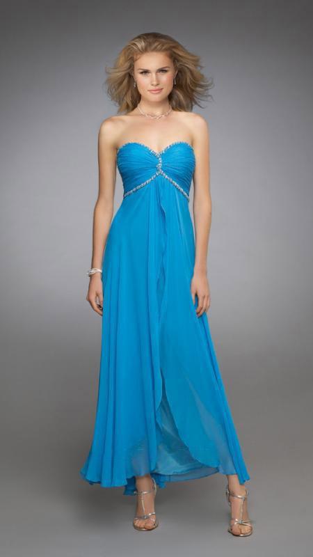 La Femme - Beaded and Ruched Sweetheart A-line Dress 11929 in Blue
