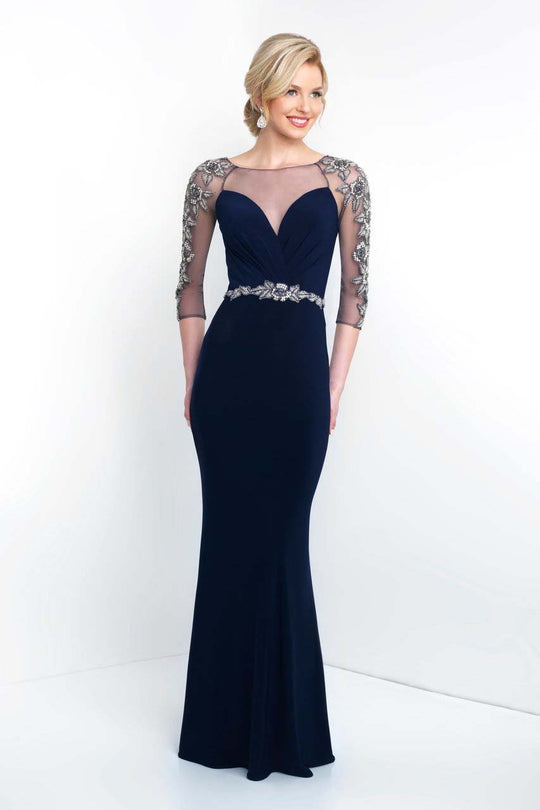 Blush - S2030 Sheer Quarter-Length Sleeves Beaded Sheath Gown In Blue