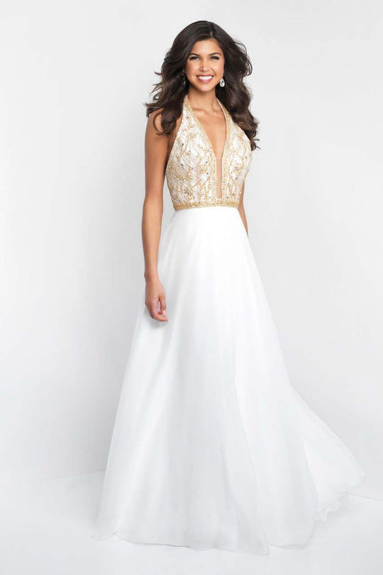 Blush - 11523 Plunging Halter Gilded Embellished Chiffon Gown In White and Gold