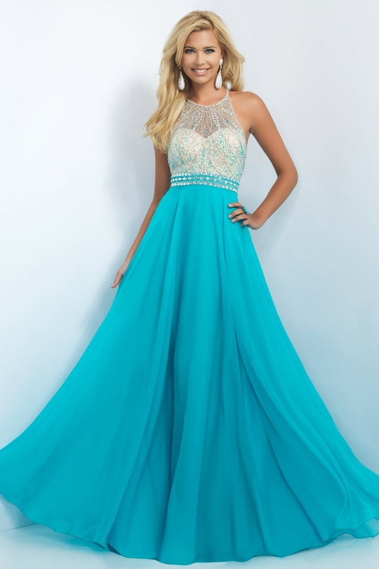 Blush - Beaded Halter Neck Chiffon Gown 11052 in Blue