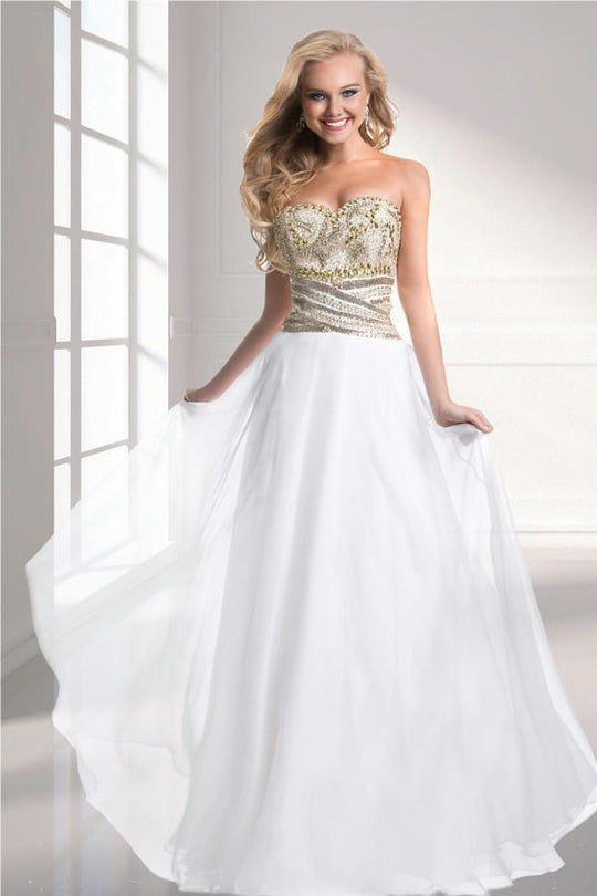 Janique - Beaded Strapless Sweetheart A-Line Chiffon Gown W319 in White