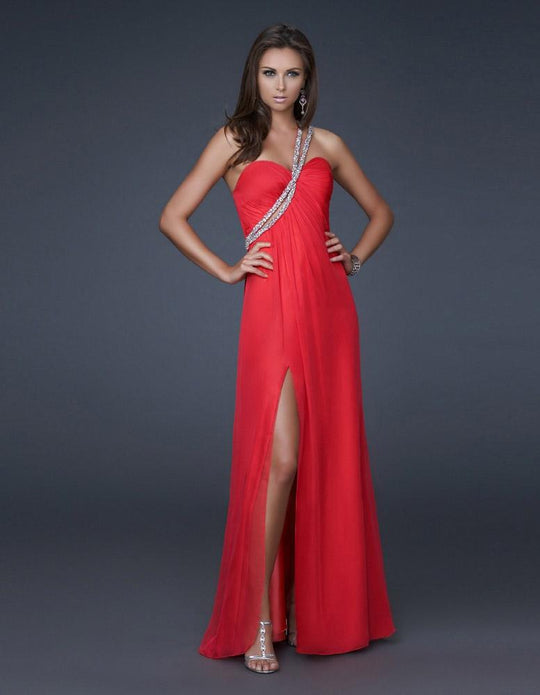 La Femme - Long Sweetheart Gown with Glittering Asymmetrical Strand 16446 In Pink