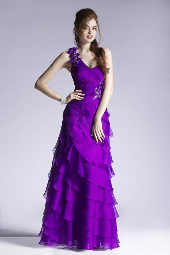 Janique J131 - One-strap Fitted Floor Length Gown in Purple