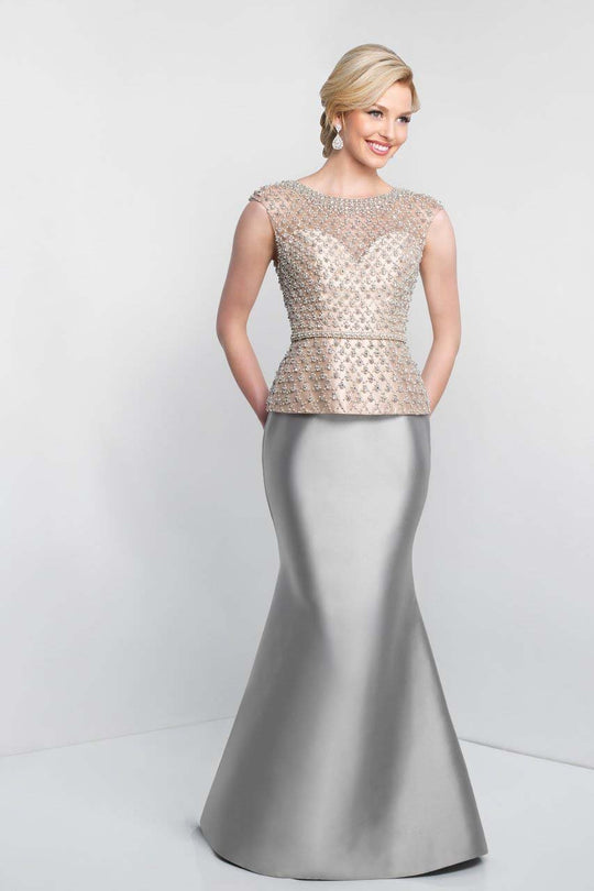 Blush - S2002 Shawl Cap Sleeved Bejeweled Mermaid Gown In Silver and Neutral
