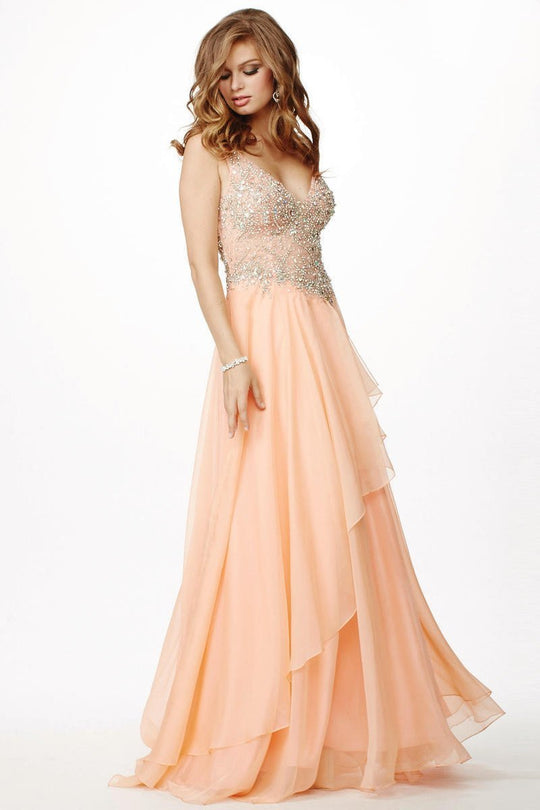 Asymmetrical Layered V-Neck A-Line Chiffon Gown  JVN93698