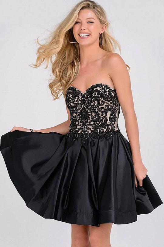 Ornate Embroidered Sweetheart A-Line Satin Cocktail Dress JVN45583