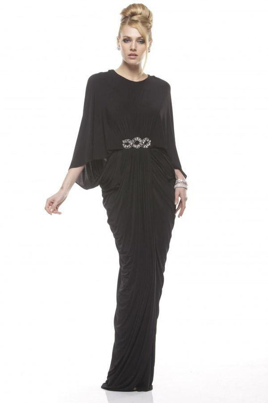 Janique 1334  Bat Sleeves Ruched Jersey Gown in Black