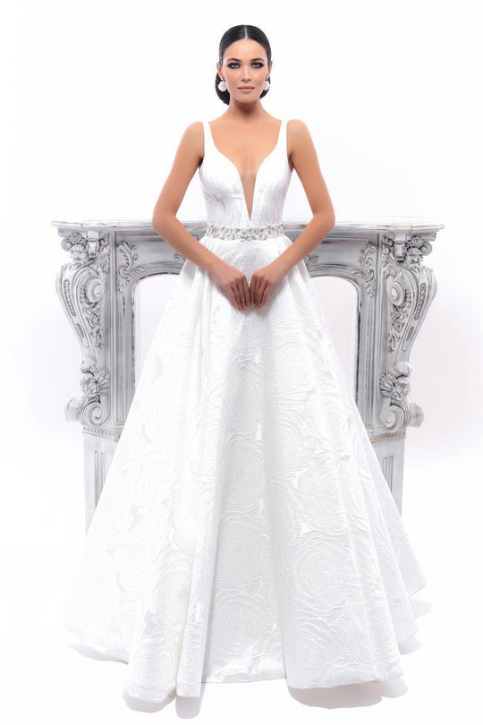 Tarik Ediz - 93346 Deep V-Neck Floral A-line Gown In White