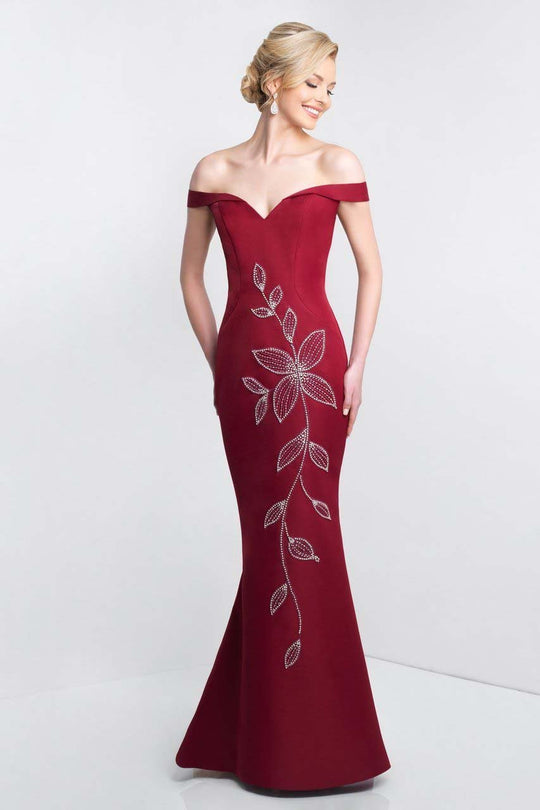 Blush - S2011 Shawl Beaded Off-Shoulder Mikado Mermaid Gown In Red