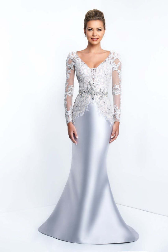 Blush - S2017 Beaded Sheer Long Sleeved Mermaid Gown In Silver and Neutral