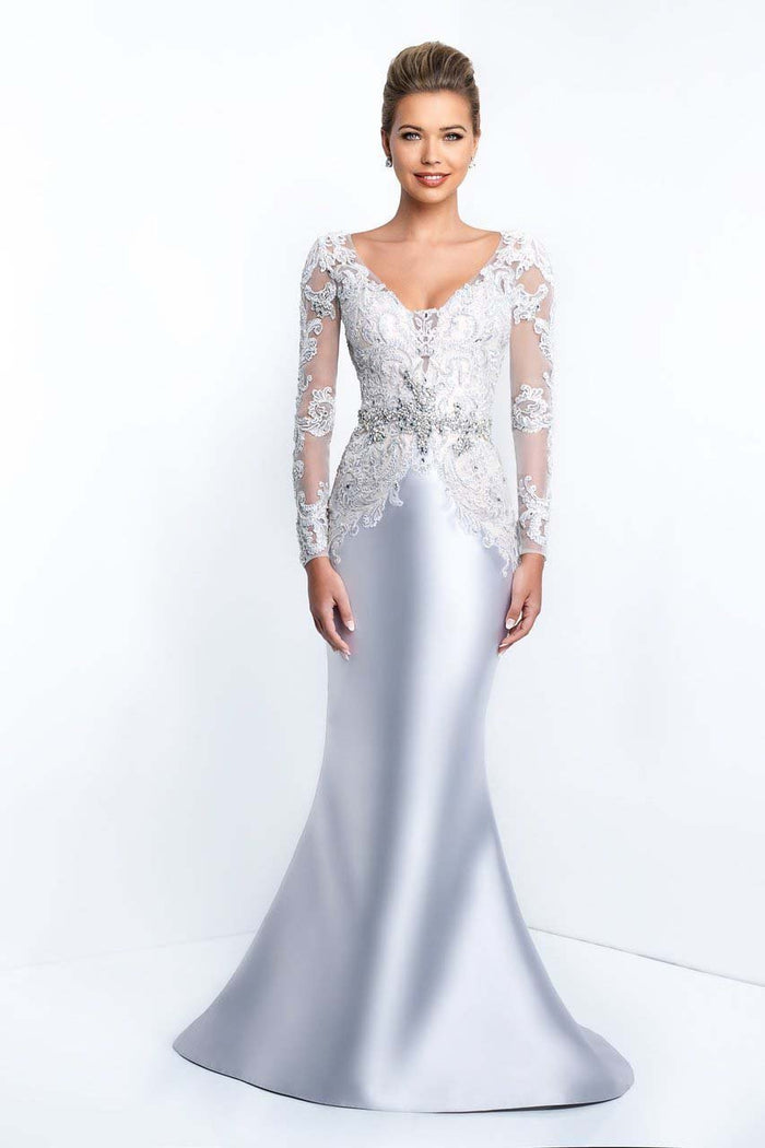 Blush - S2017 Beaded Sheer Long Sleeved Mermaid Gown In Silver and Neutral