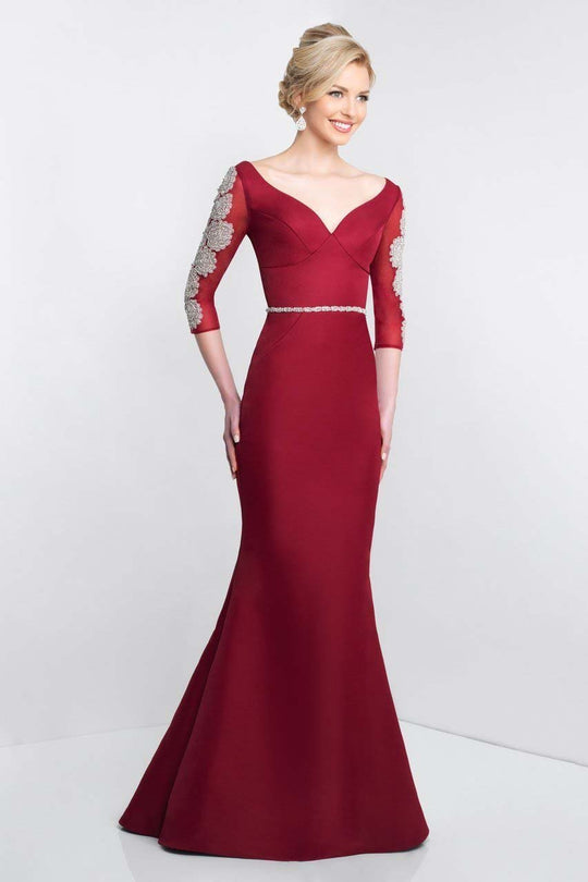 Blush - S2010 Beaded Quarter-Length Sleeves Mermaid Gown In Red