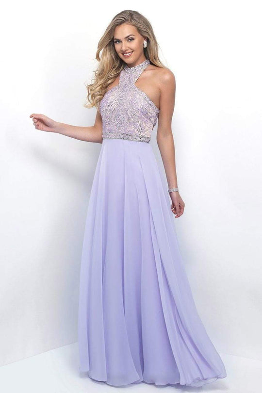 Blush - High Neck Chiffon A-Line Dress 11345 in Purple