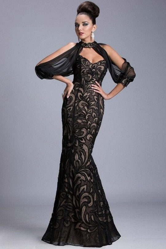 Janique - Embroidered Sweetheart Gown with Faux Sheer Open Sleeves 417