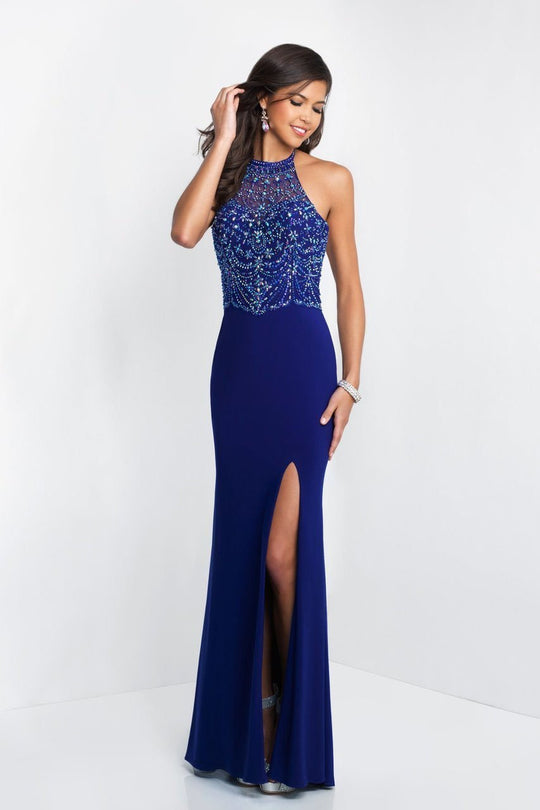 Intrigue - 439 Beaded Illusion Halter Sheath Dress In Blue