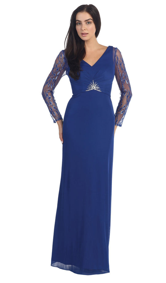 Dancing Queen - 9015 V-Neck Embellished Sheath Evening Dress in Blue