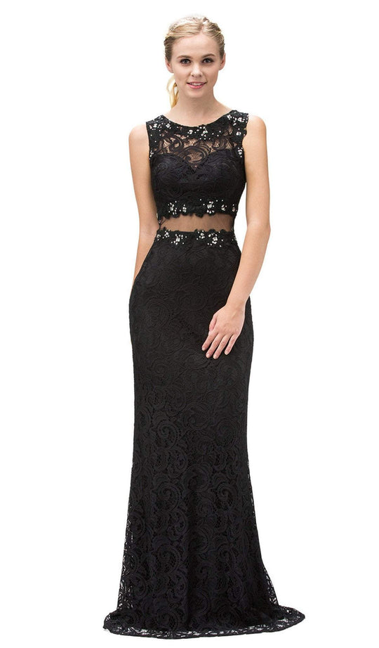 Dancing Queen - 9040XXXL Lace Bodice Illusion Midriff Prom Gown In Black