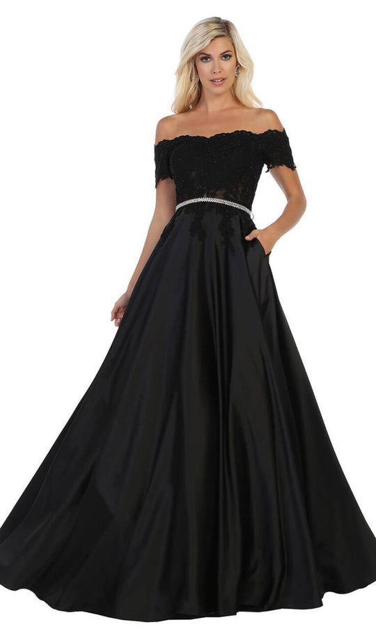 May Queen - MQ1639 Lace Off-Shoulder A-Line Dress In Black