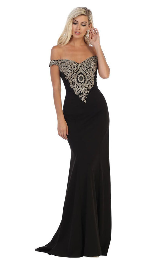 May Queen - MQ1640 Applique Off-Shoulder Trumpet Dress In Black