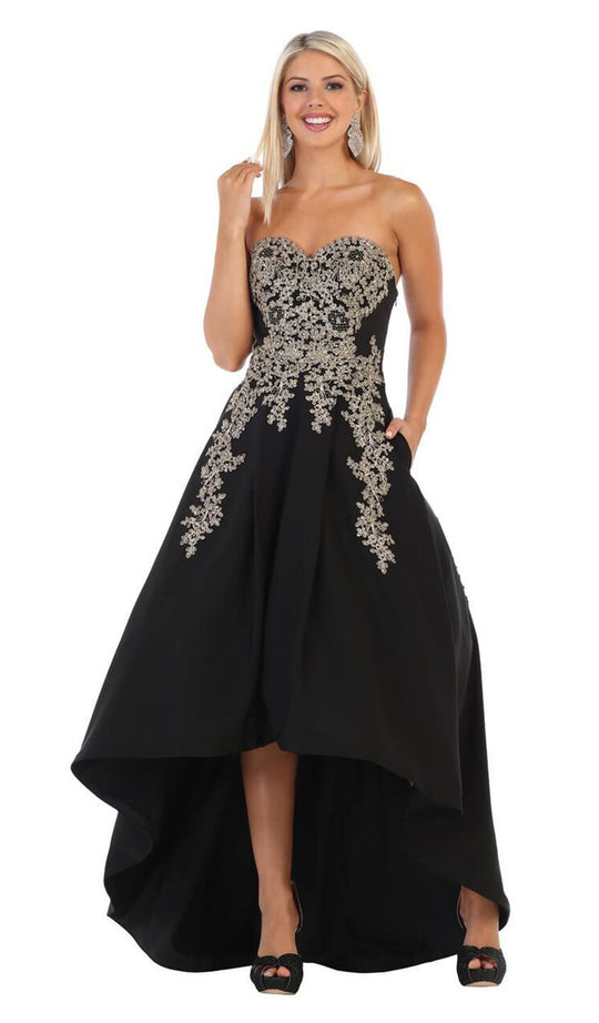 May Queen - MQ1627 Gilt-Appliqued Sweetheart High Low Gown In Black