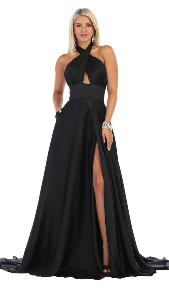 May Queen - MQ1631 Cross Halter A-line Dress With Train In Black