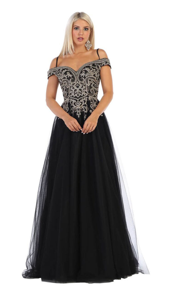 May Queen - MQ1626 Jeweled Applique Bodice Off Shoulder Gown In Black