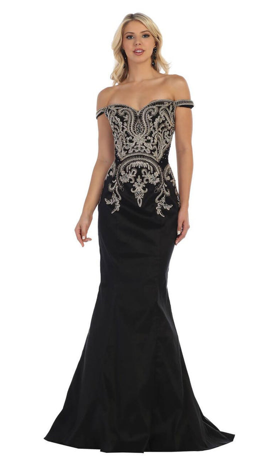 May Queen - MQ1609 Metallic Lace Appliqued Trumpet Gown In Black