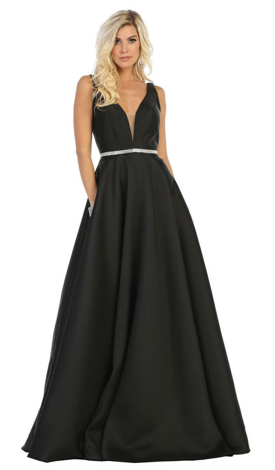 May Queen - MQ1683 Illusion Plunging Neck Sleeveless Satin A-Line Gown In Black