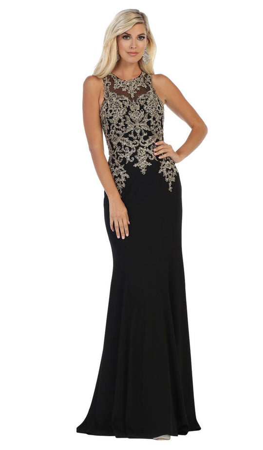 May Queen - MQ1629 Gold Appliqued Illusion Jewel Long Gown In Black and Gold
