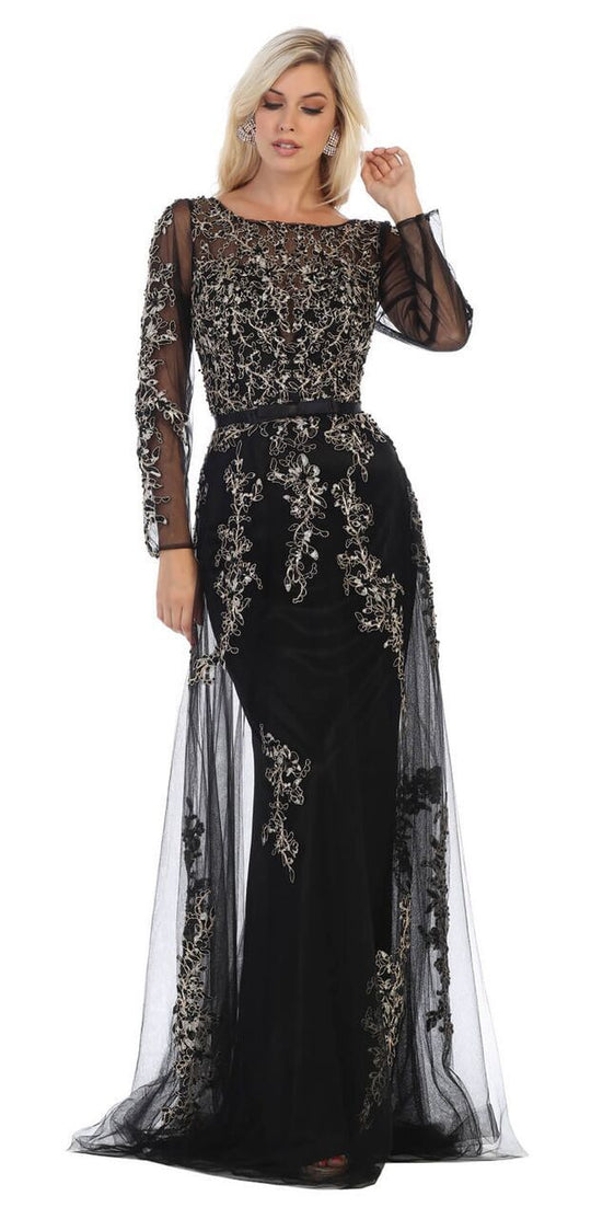 May Queen - RQ7678 Beaded Appliques Long Sleeves Dress In Black