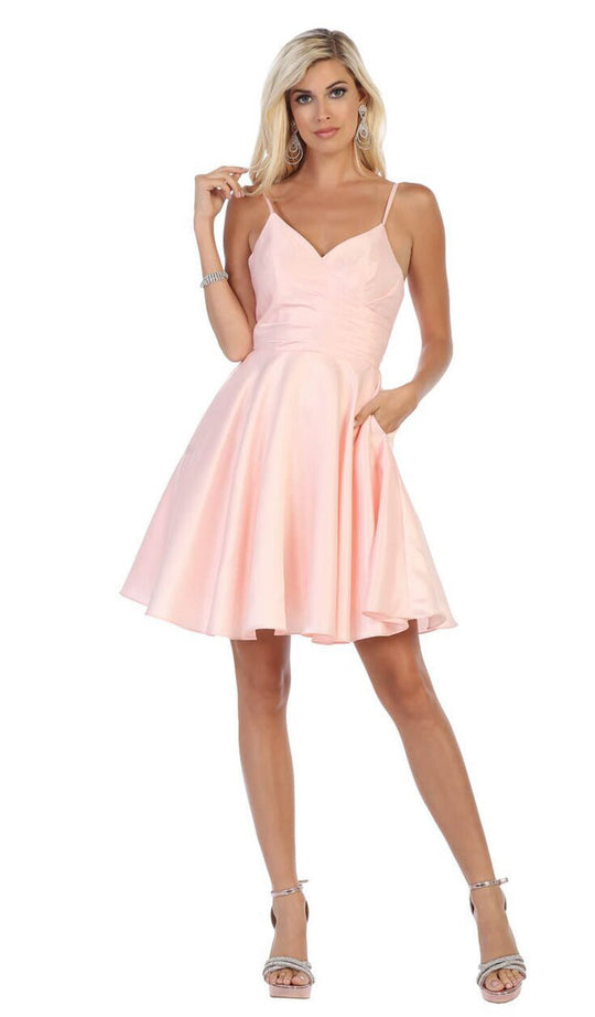 May Queen - MQ1654 V Neck Sleeveless Fit and Flare Short Dress In Pink