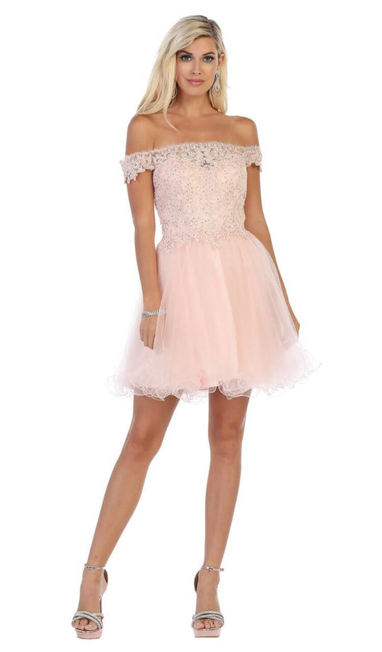 May Queen - MQ1649 Illusion Lace Off Shoulder A-Line Gown In Pink