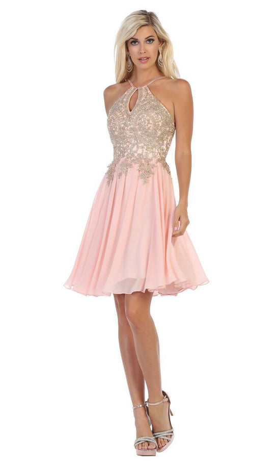 May Queen - MQ1646 Embroidered Halter A-line Dress In Pink