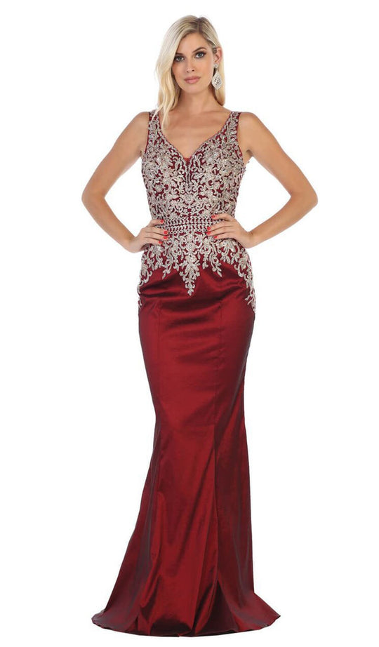 May Queen - MQ1608 Sleeveless Metallic Lace Trumpet Gown In Red
