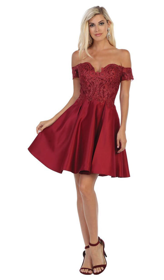 May Queen - MQ1634 Embellished Plunging Off-Shoulder A-line Dress In Red