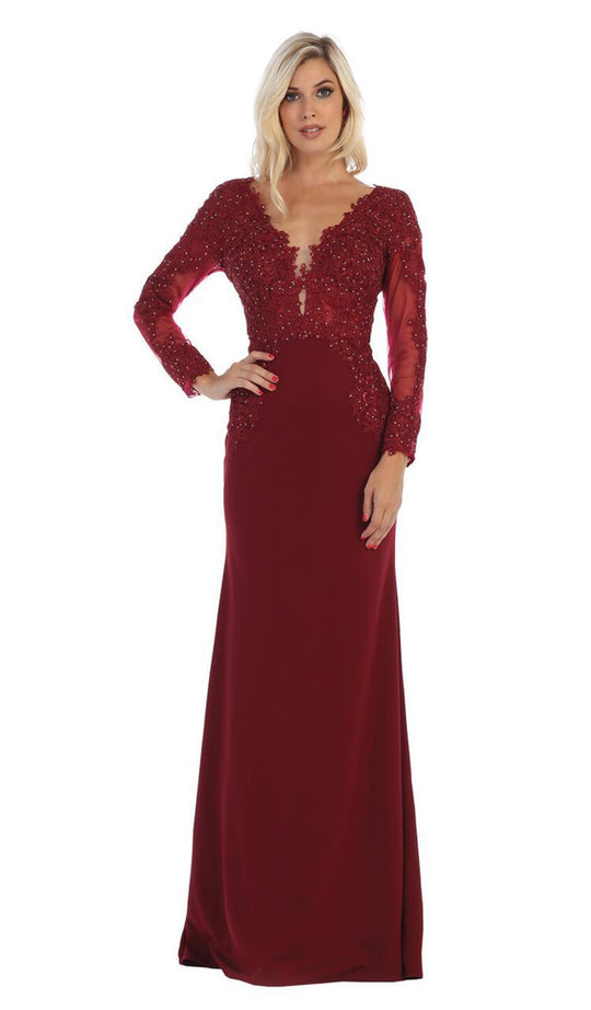 May Queen - MQ1630 Lace Appliqued Plunging V-Neck Gown In Red