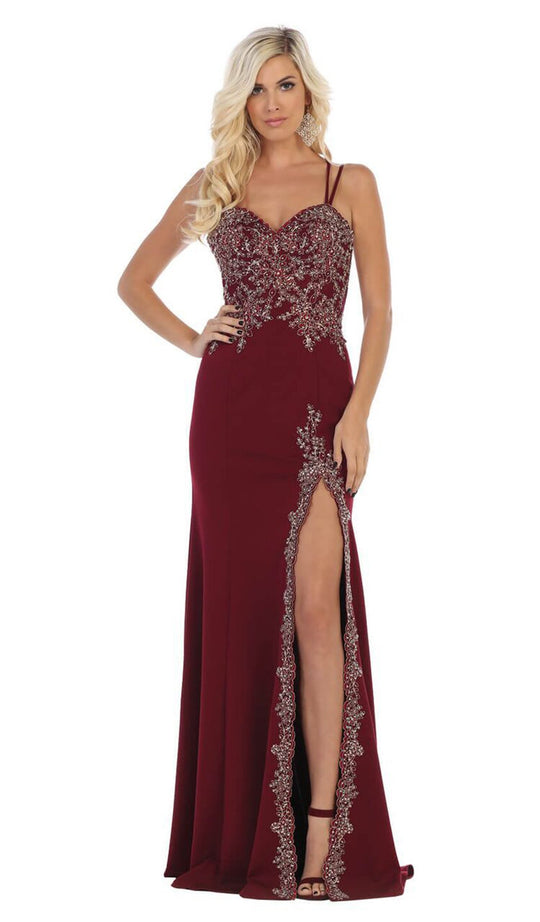 May Queen - MQ1633 Gilded Filigree High Slit Long Gown In Red