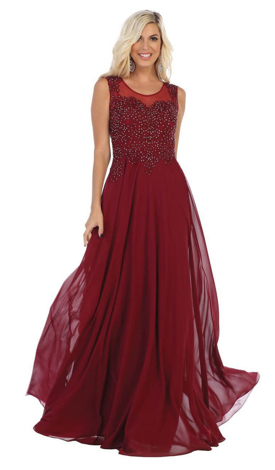 May Queen - MQ1620 Embellished Scoop Neck A-line Dress In Red